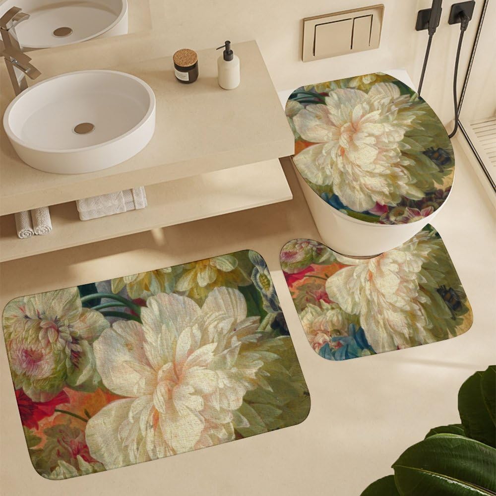 Kuizee 4-Piece Floral Shower Curtain Set with Rugs