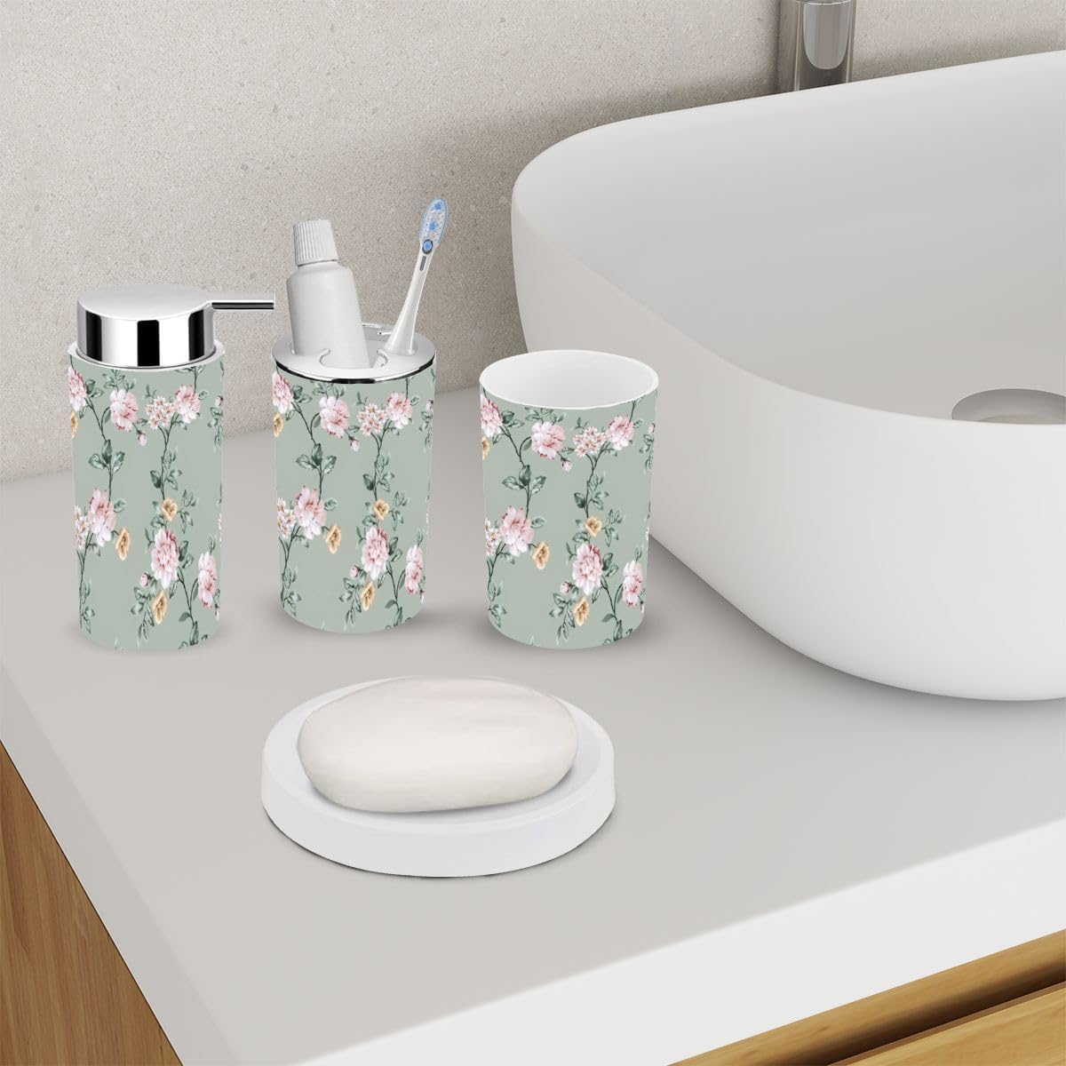 6 Piece Bathroom Accessory Set Pink Brown Flowers Green Leaves