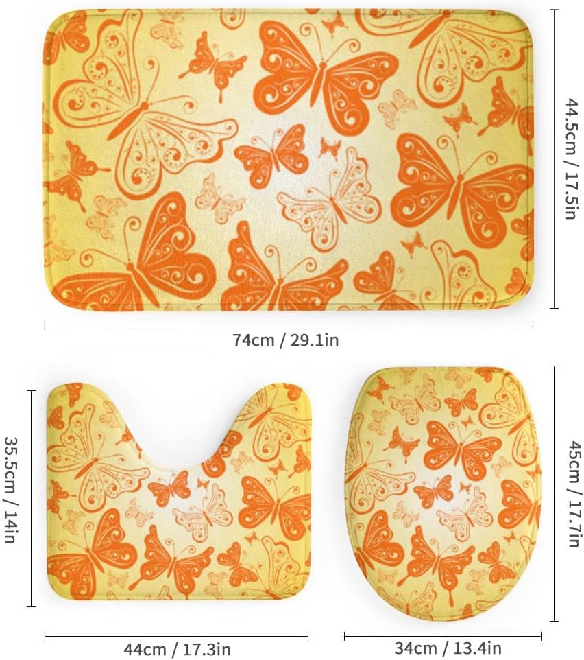 Kuizee 4 Piece Yellow Butterfly Shower Curtain Set with Non-Slip Rugs