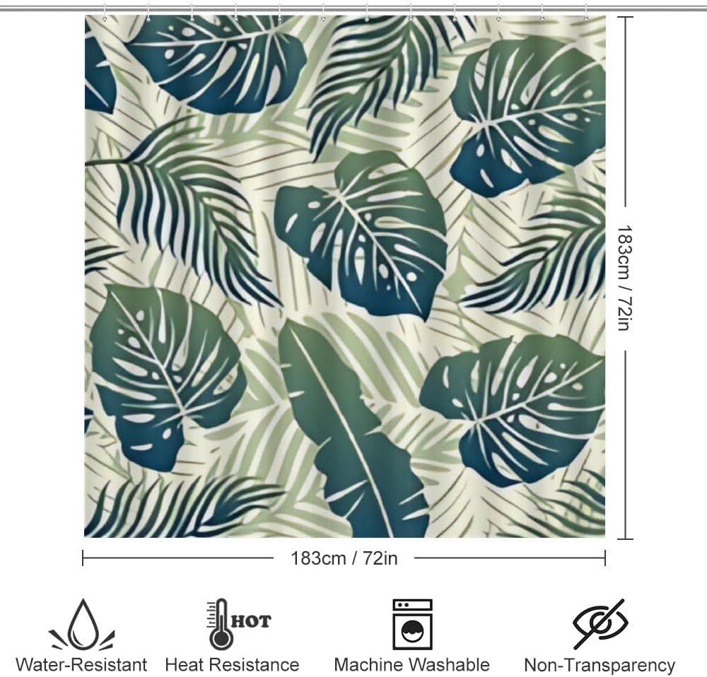 Kuizee 4-Piece Tropical Green Leaf Shower Curtain Set with Non-Slip Rugs