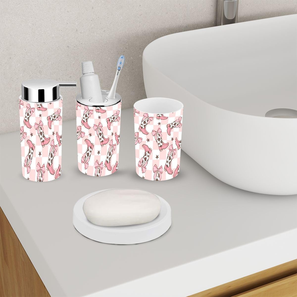 6 Piece Bathroom Accessory Set with Cowgirl Boots Design