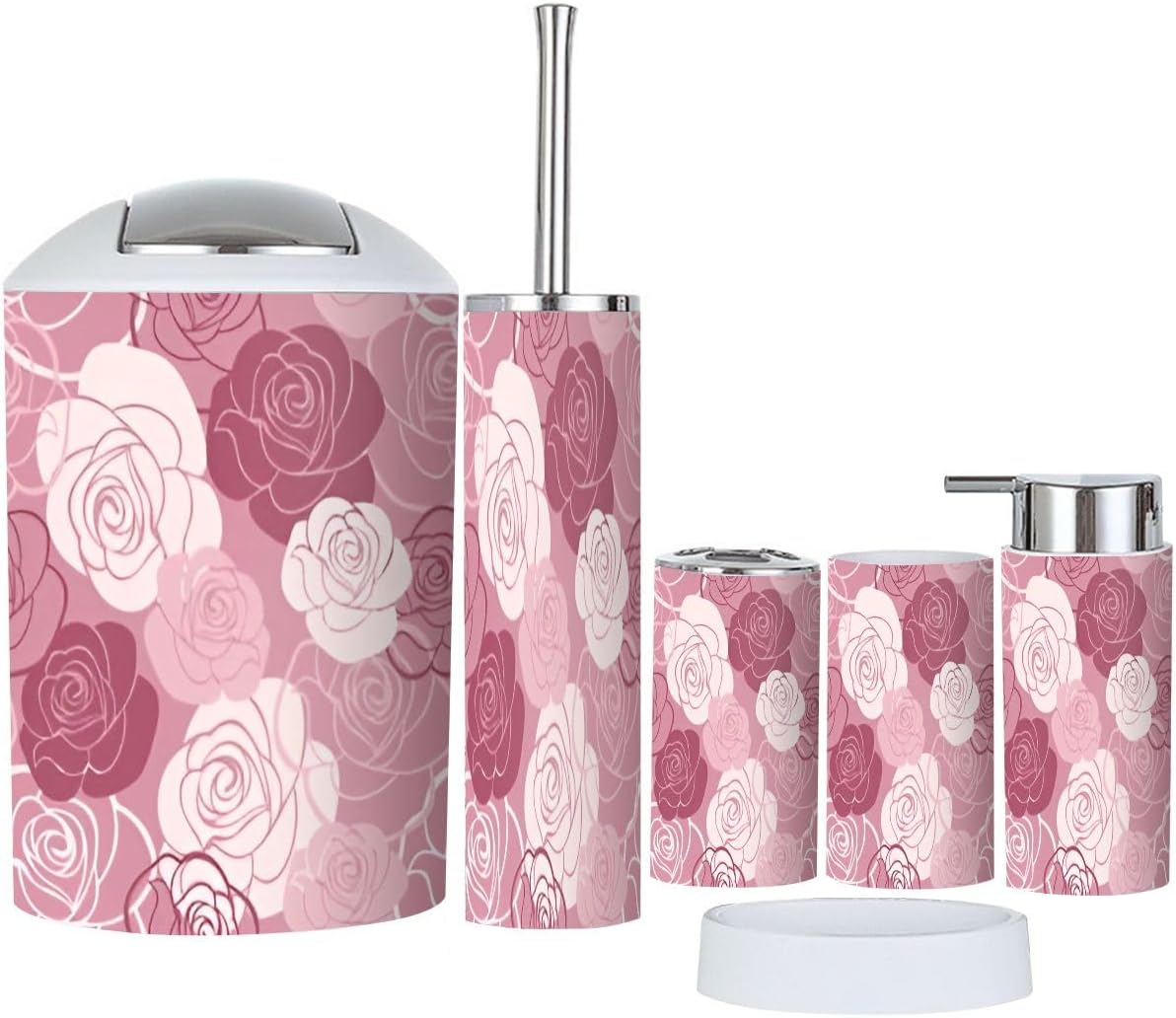 6 Piece Bathroom Accessory Set with Roses Design 1