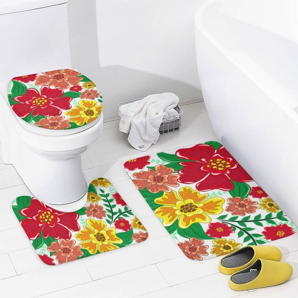 Kuizee 4-Piece Floral Shower Curtain Set with Non-Slip Rugs 1