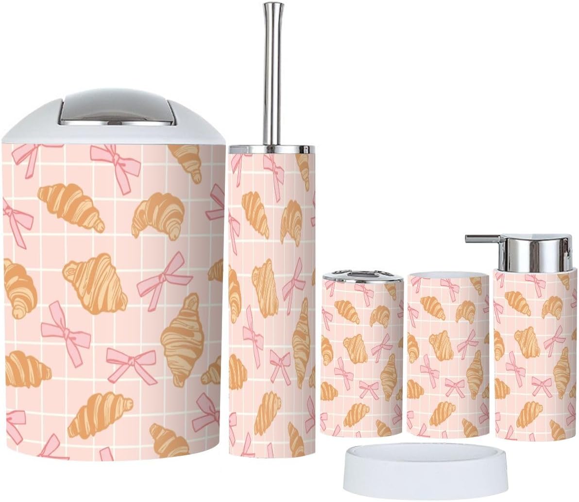 6 Piece Bathroom Accessory Set with Pink Bow and Croissant Design