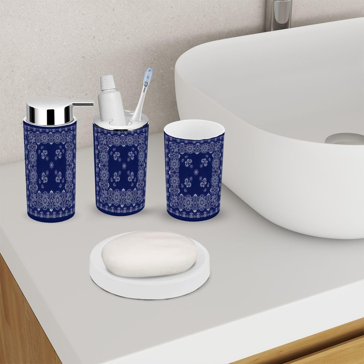 6-Piece Blue Paisley Bathroom Accessories Set