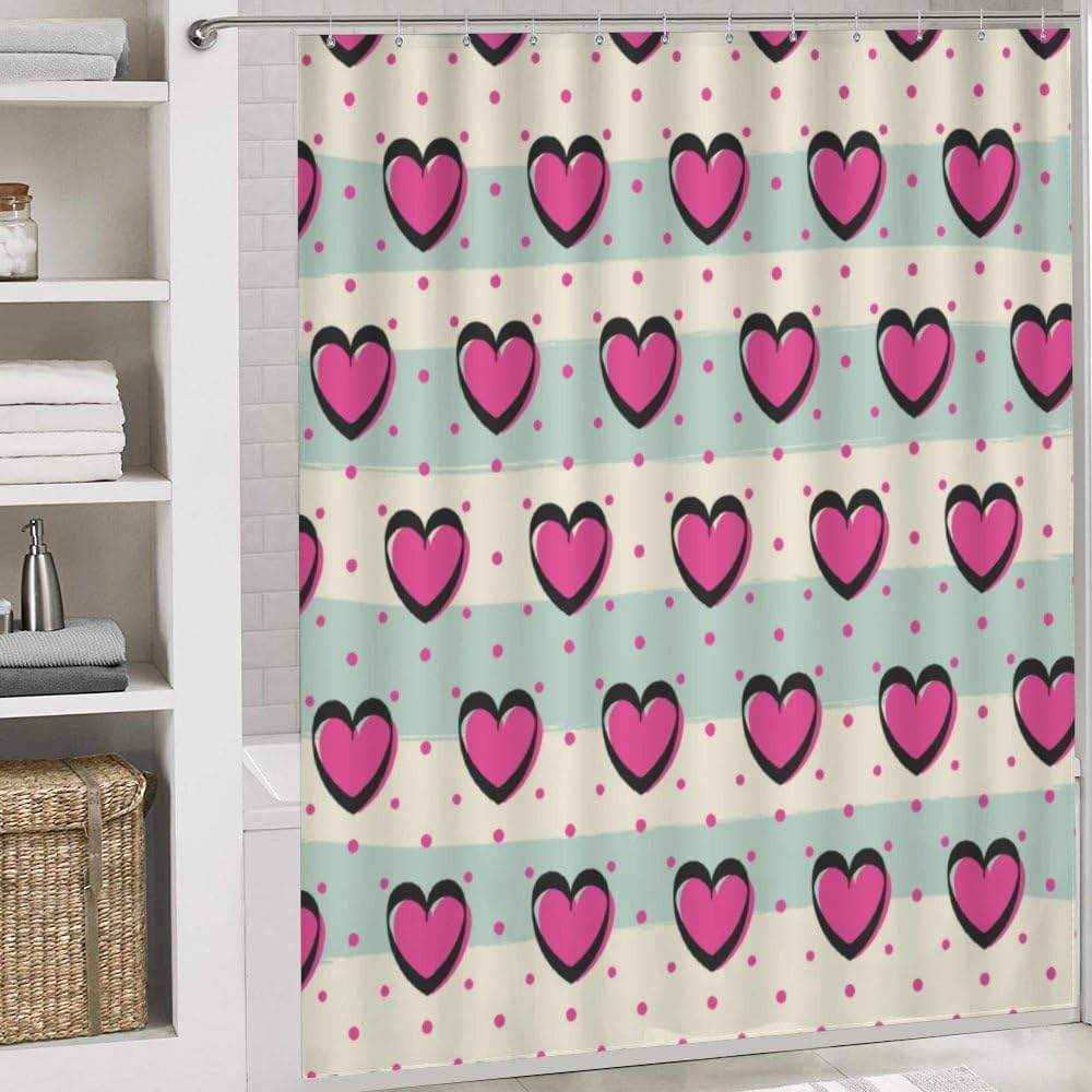 Kuizee Romantic Hearts Shower Curtain Set with 4 Pieces Rugs