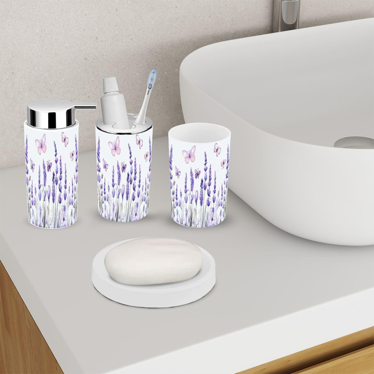6-Piece Bathroom Accessory Set with Lavender Flowers and Butterflies Design