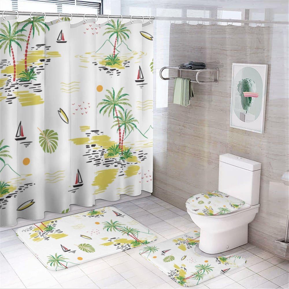Kuizee 4-Piece Shower Curtain Set with Non-Slip Rugs 1