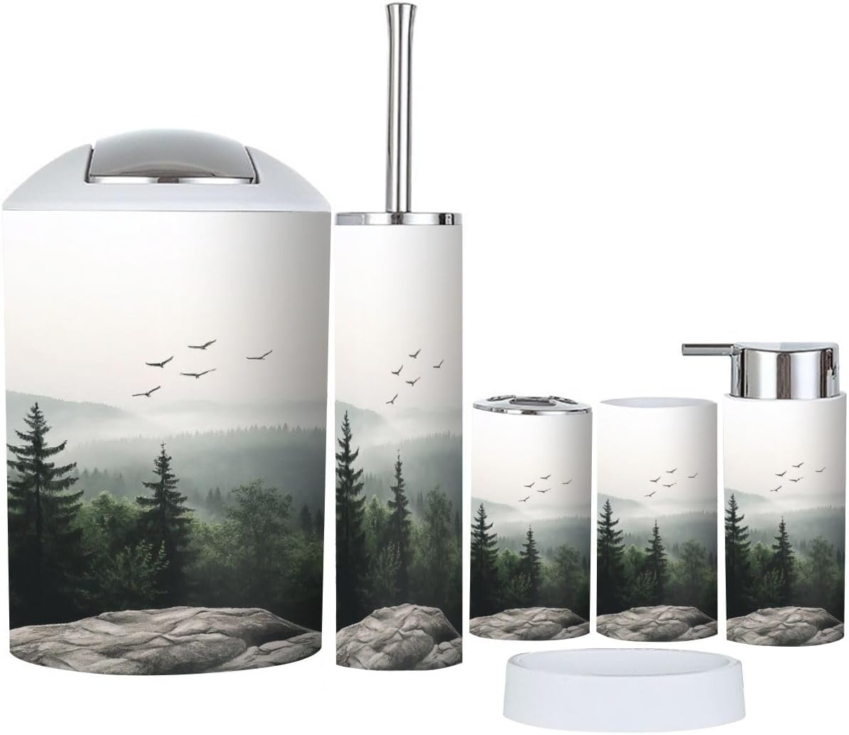 6 Piece Mountain Foggy Forest Bathroom Accessory Set