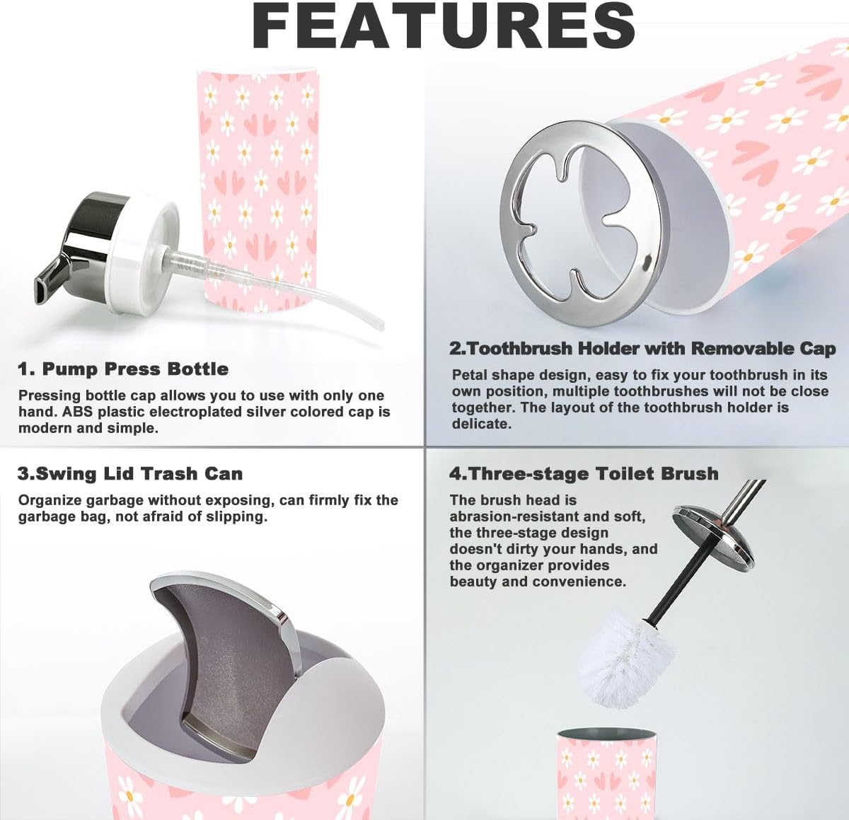 6 Piece Bathroom Accessory Set with Daisies and Hearts Print