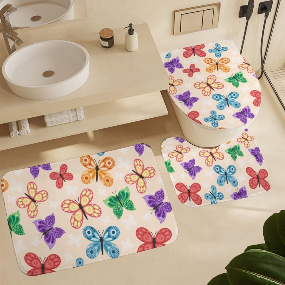Kuizee 4-Piece Butterfly Shower Curtain Set with Non-Slip Bath Rugs
