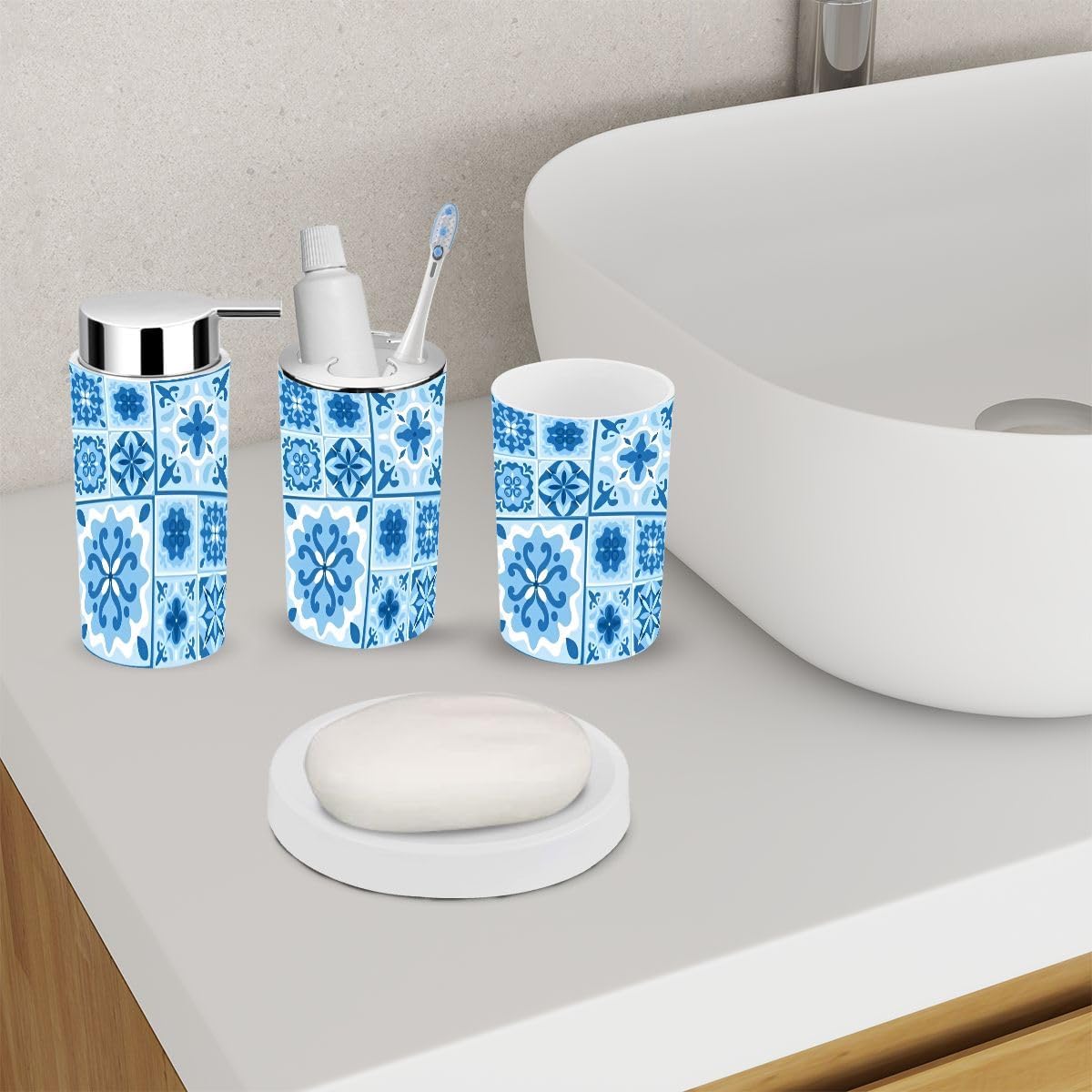 6 Piece Bathroom Accessory Set with Blue Cobalt Tiles