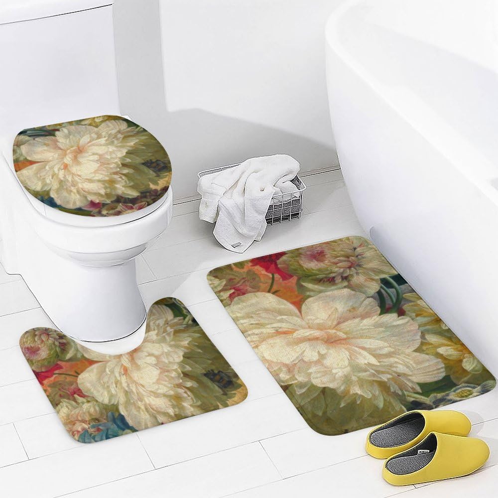 Kuizee 4-Piece Floral Shower Curtain Set with Rugs