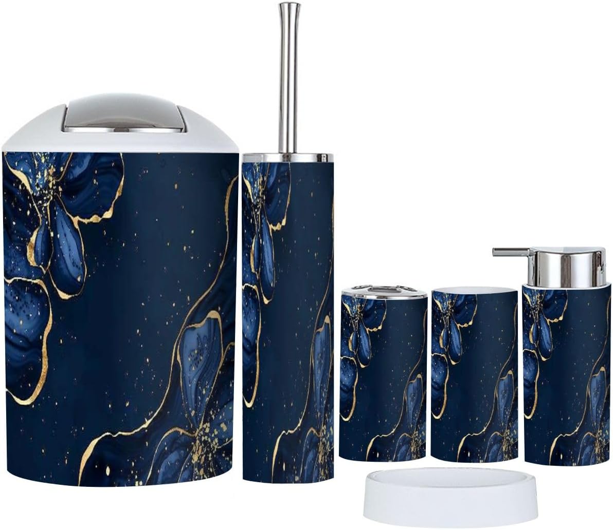 Navy Blue Marbled Bathroom Accessory Set 6 Piece