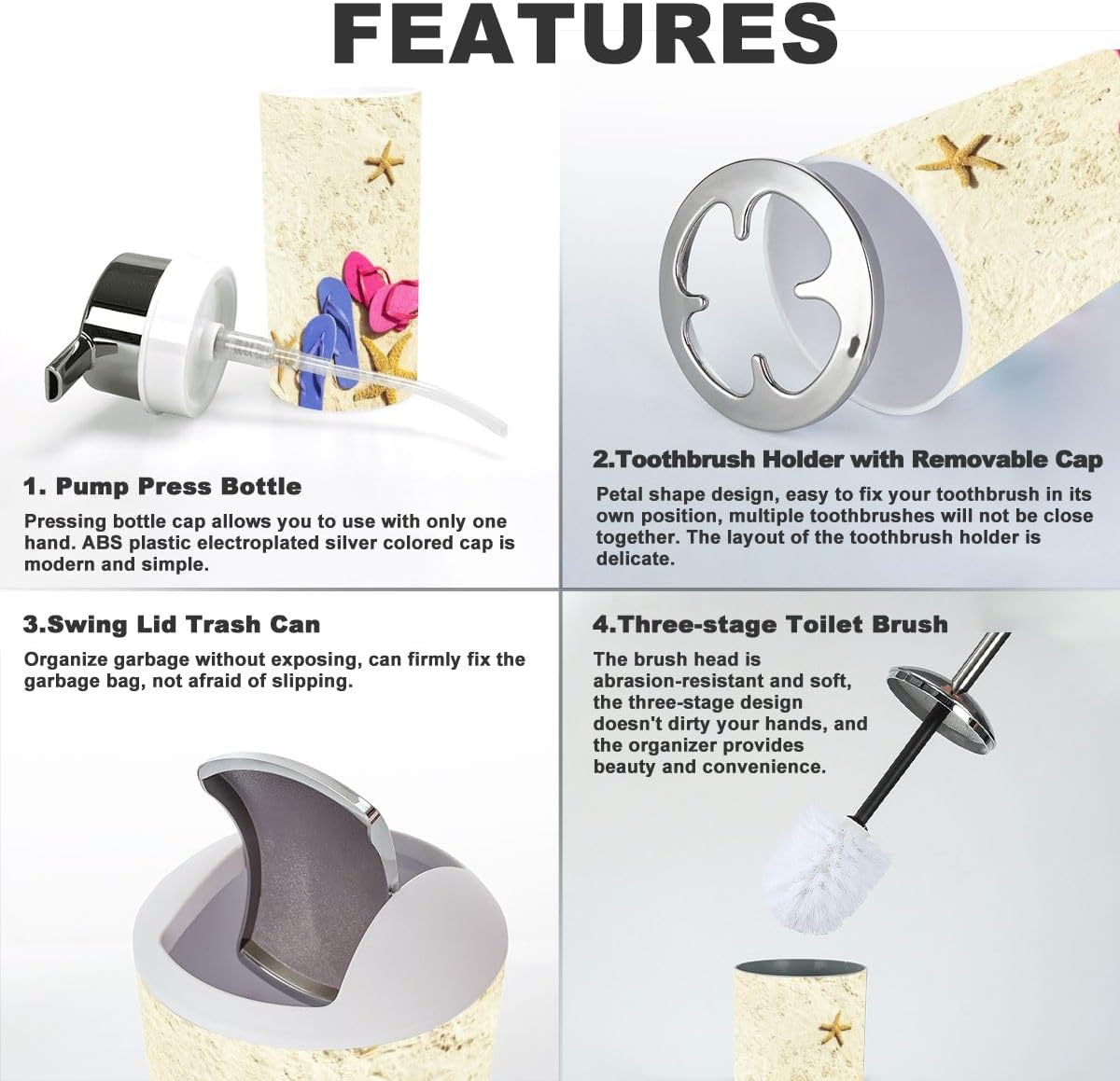 6 Piece Bathroom Accessory Set with Beach Flip Flops and Starfish Design