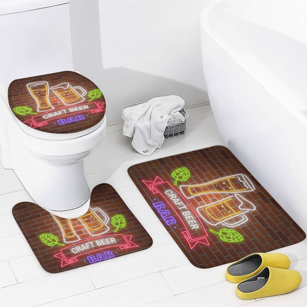Kuizee Retro Neon Shower Curtain Set with 4 Piece Rugs