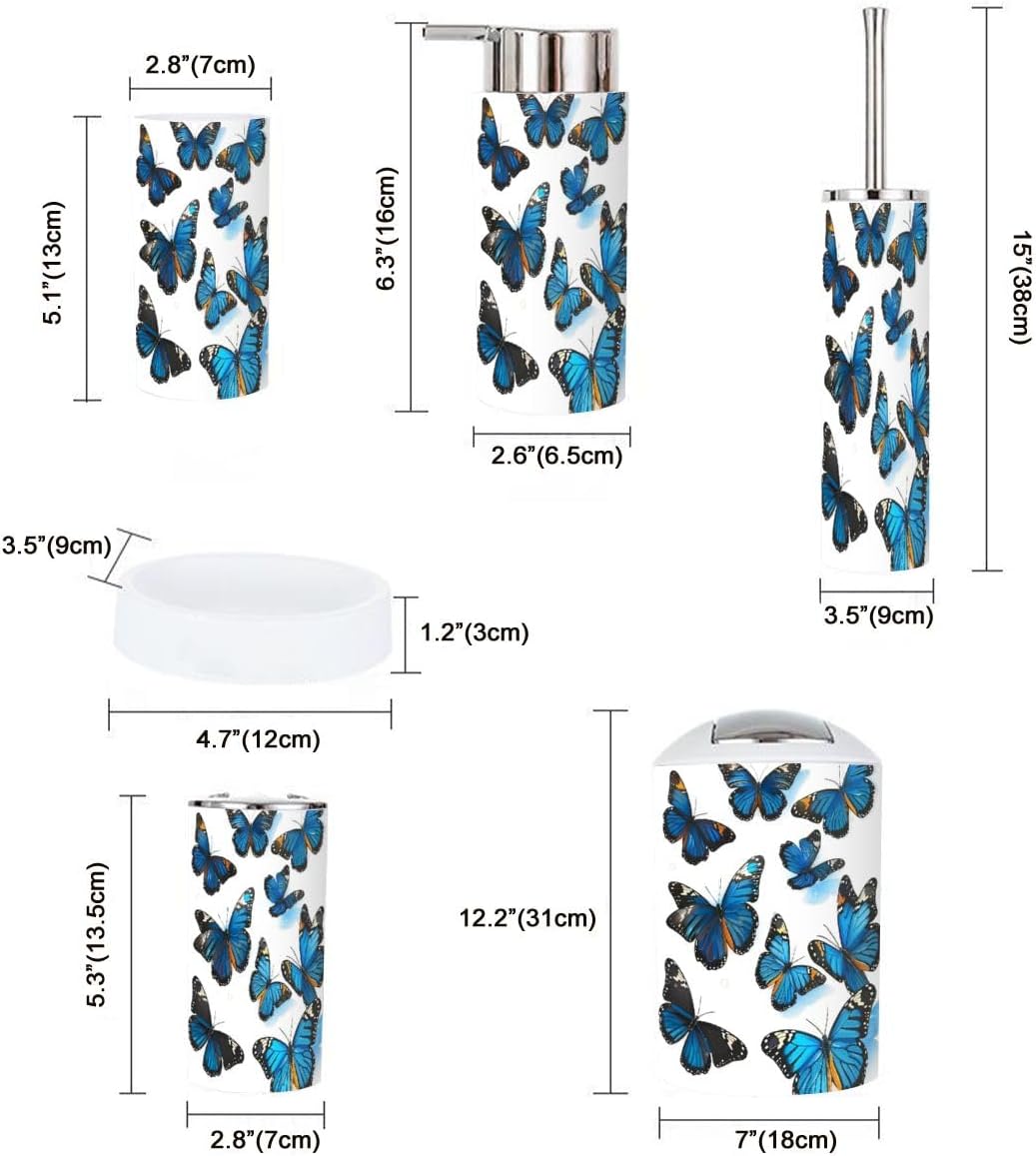 6 Piece Beautiful Blue Butterfly Bathroom Accessories Set