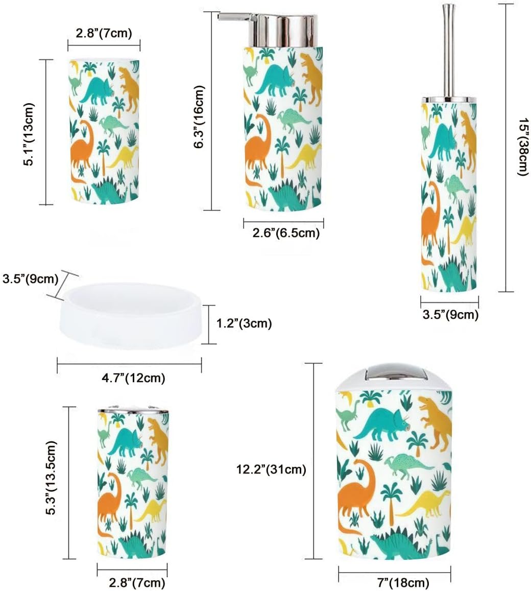 Bathroom Accessory Set 6 Piece Hand Drawn Dinosaur Design