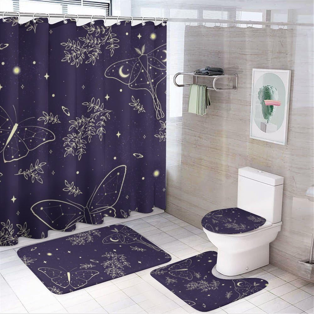 Kuizee 4 Piece Starry Sky Shower Curtain Set with Non-Slip Bath Mats