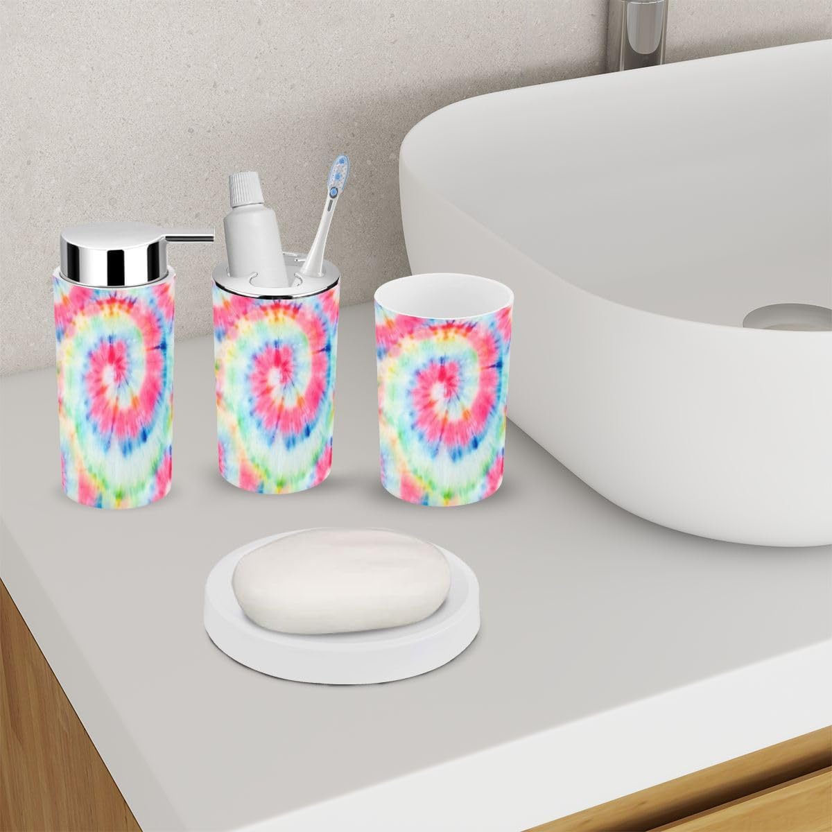 6 Piece Bathroom Accessory Set with Bright Striped Design