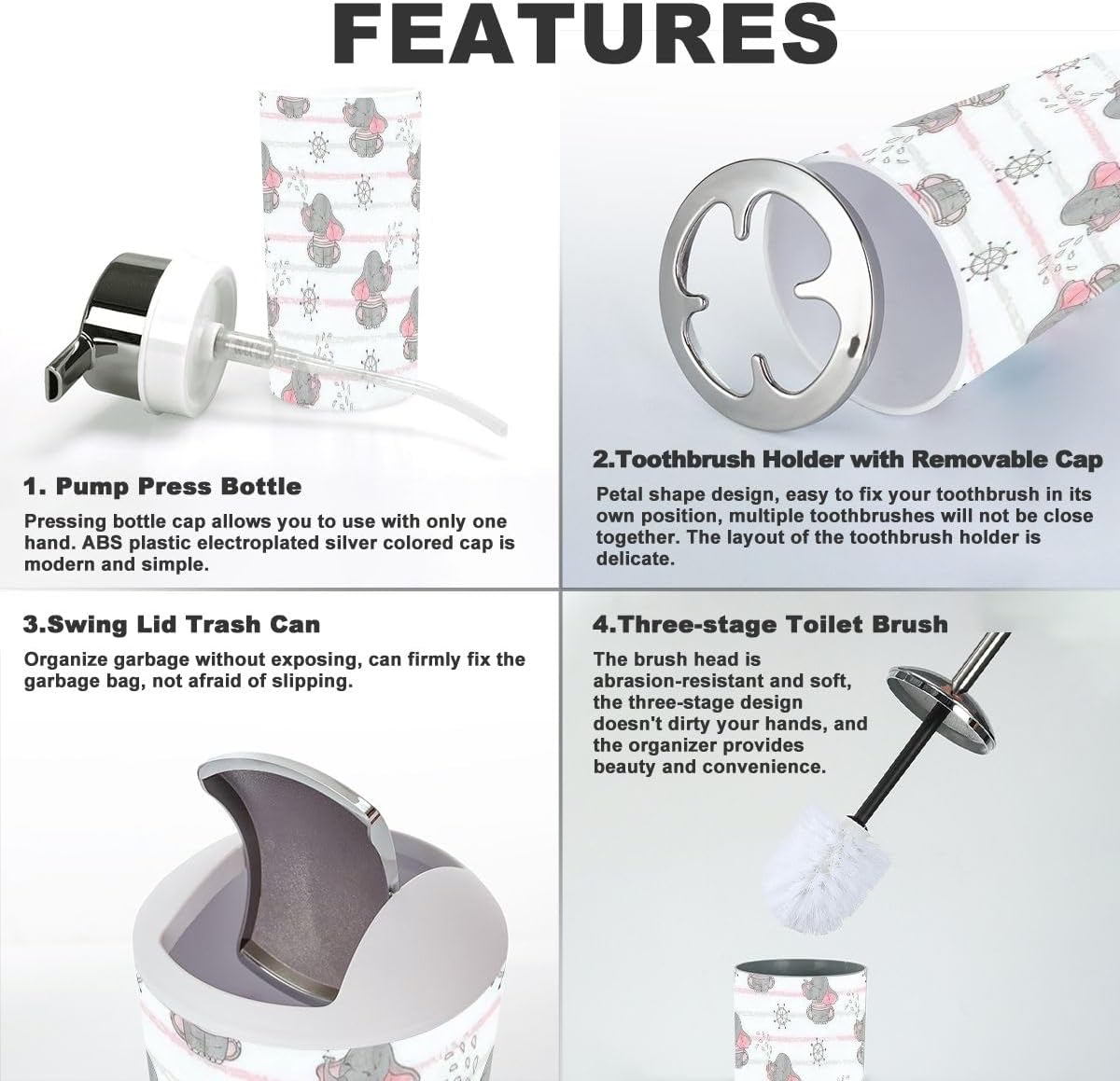 6 Piece Bathroom Accessory Set with Cute Sailor Elephants Design