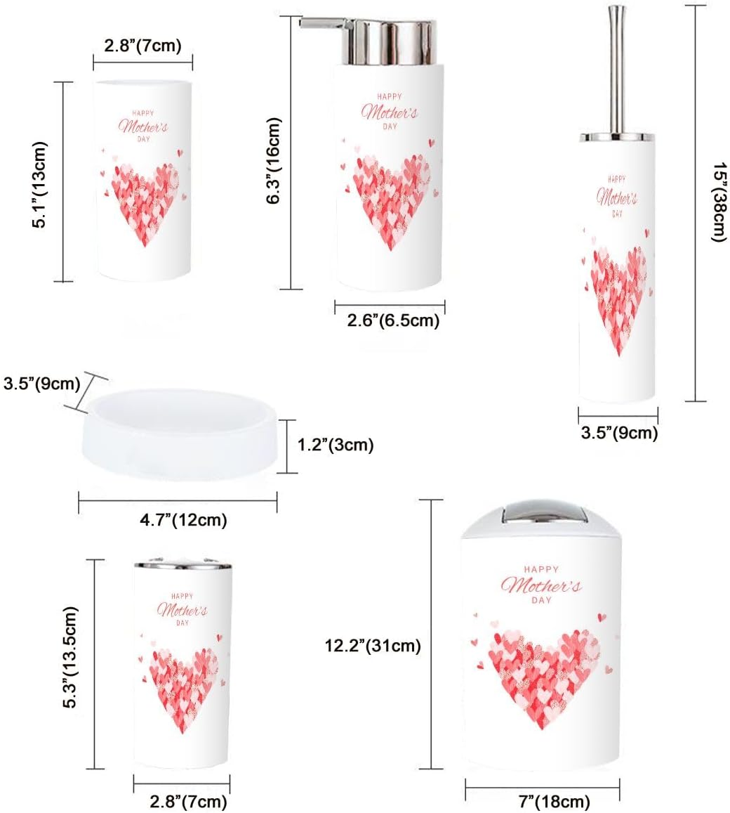 6 Piece Bathroom Accessory Set Pink Red Heart Shapes 1