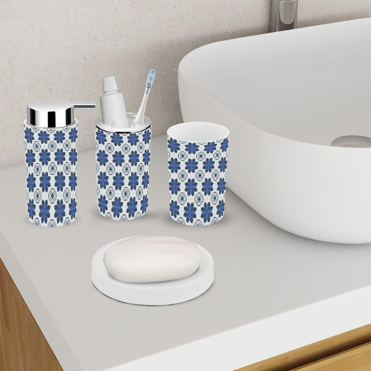 6 Piece Bathroom Accessory Set with Floral Geometric Design 1