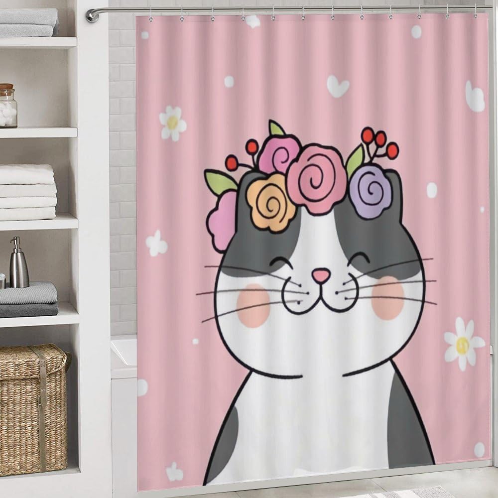 Kuizee 4-Piece Happy Cat Flower Shower Curtain Set with Rugs and Hooks
