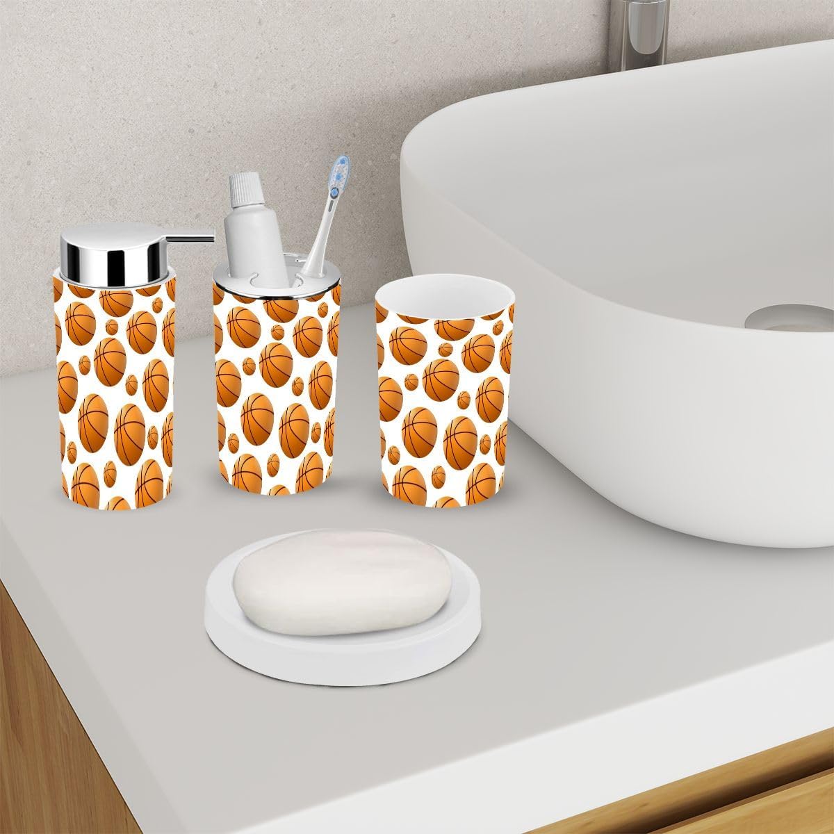 6 Piece Bathroom Accessory Set with Trash Can and Basketball Design