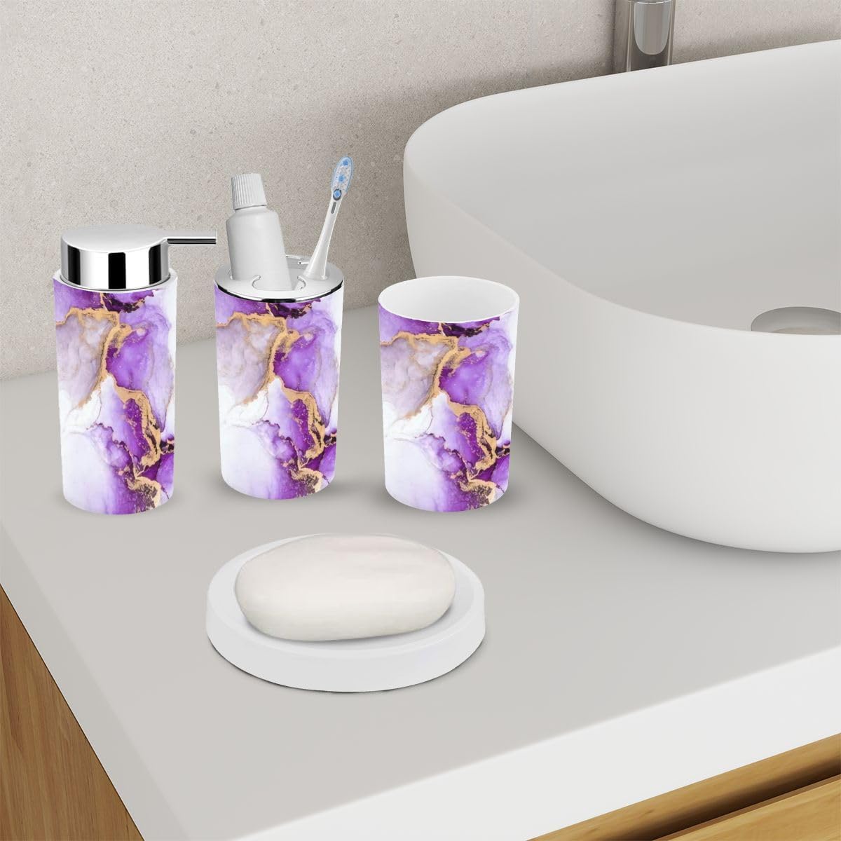 6 Piece Purple Gold Marble Bathroom Accessories Set
