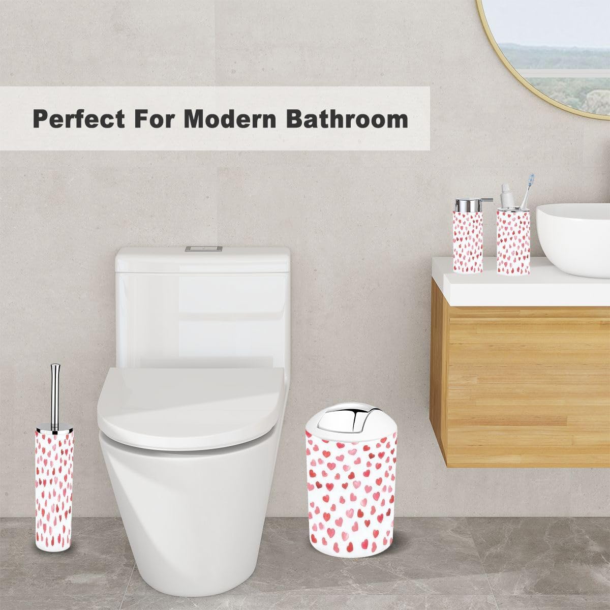 6 Piece Bathroom Accessory Set with Hearts Design