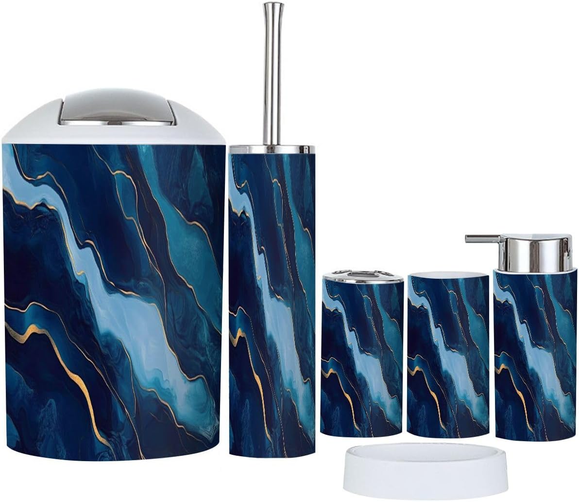 Boho Blue Marble Bathroom Accessory Set 6 Piece 1