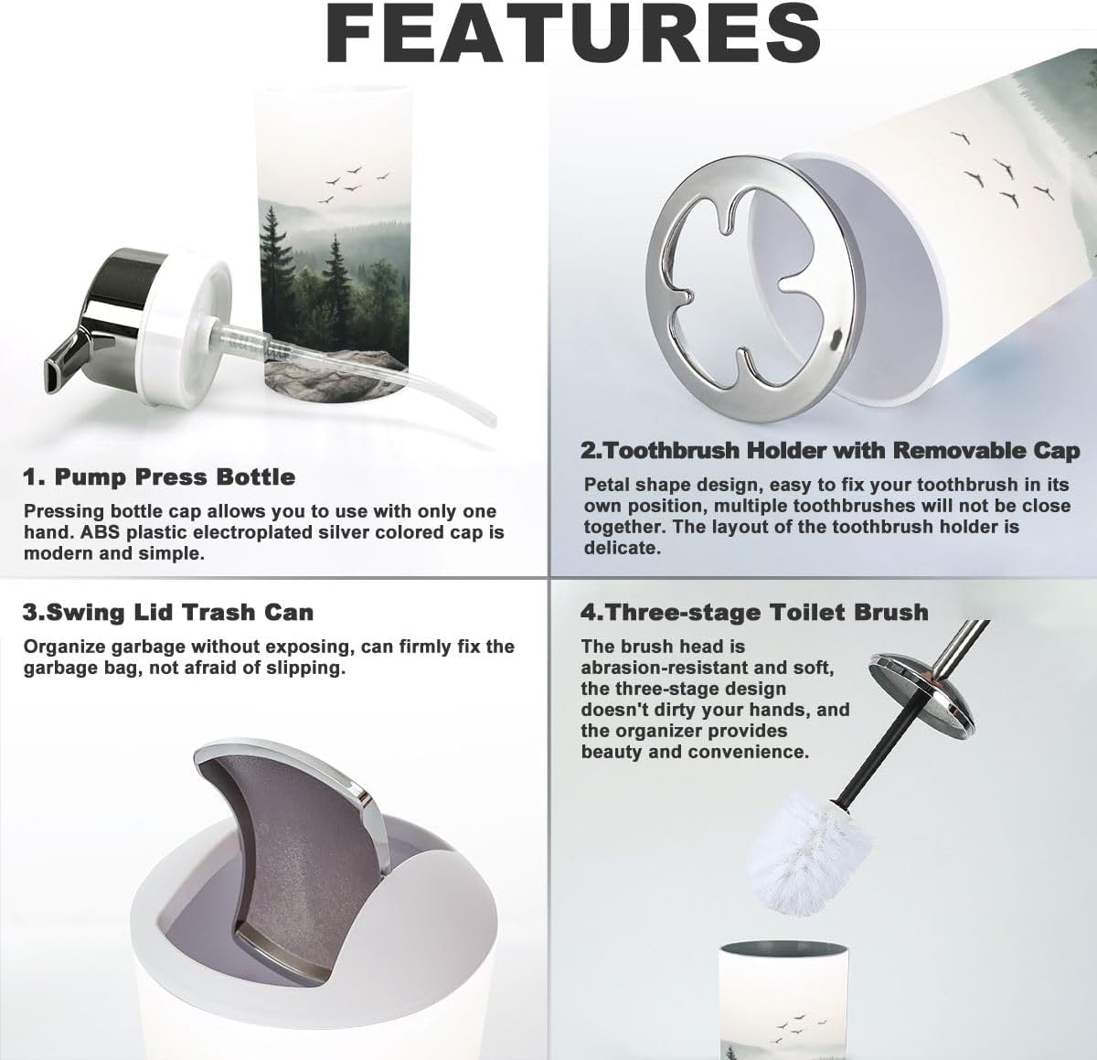 6 Piece Mountain Foggy Forest Bathroom Accessory Set