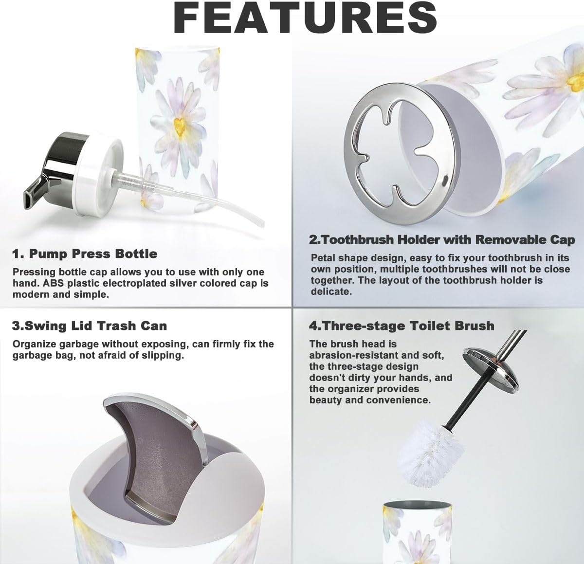 6 Piece Daisy Heart Bathroom Accessories Set