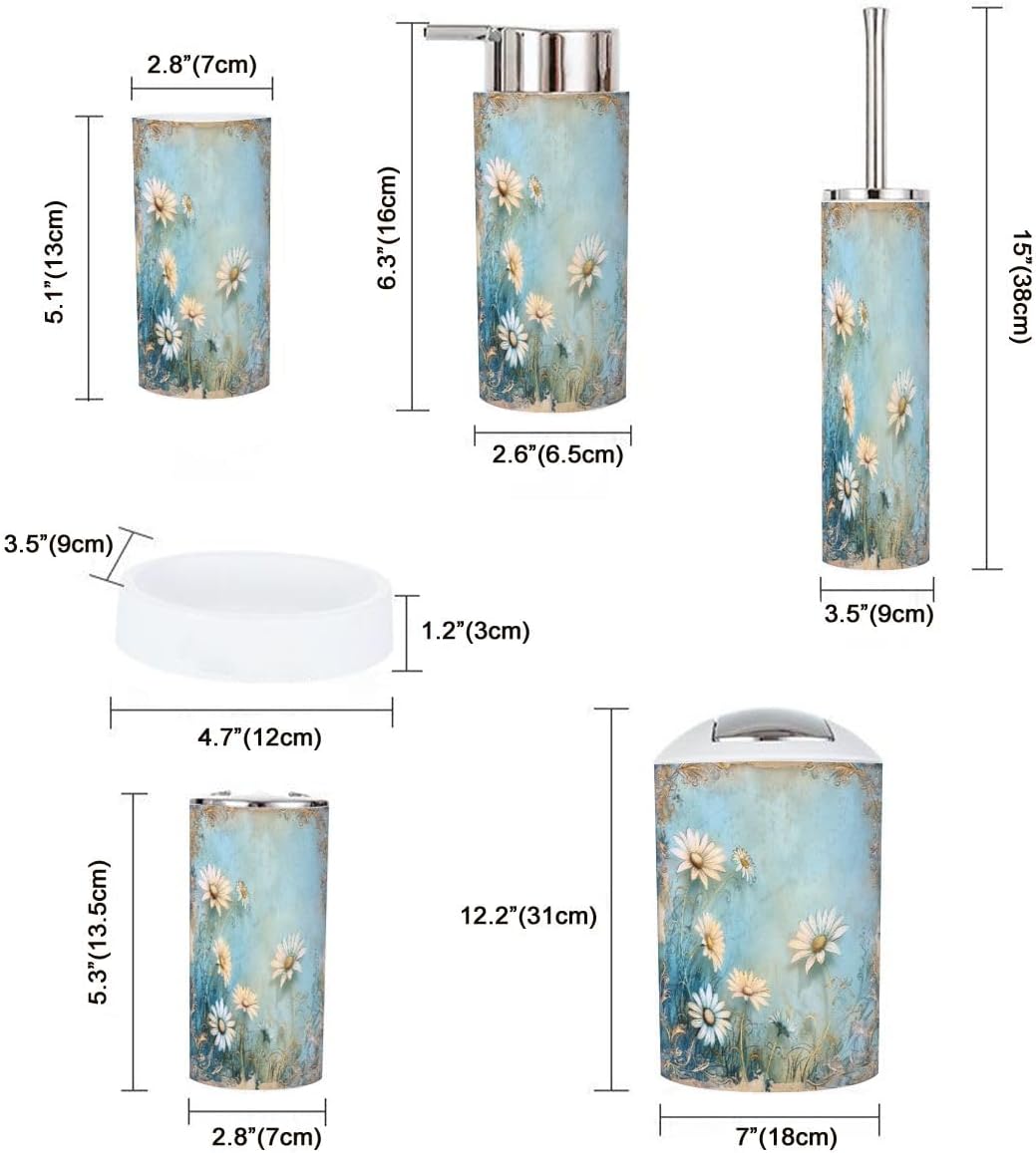 Ornate White Daisies Bathroom Accessory Set 6 Piece 1
