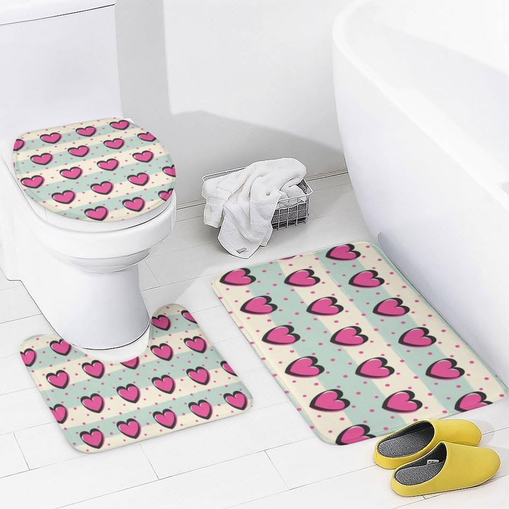 Kuizee Romantic Hearts Shower Curtain Set with 4 Pieces Rugs