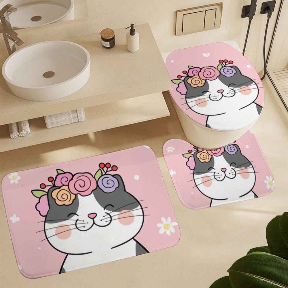 Kuizee 4-Piece Happy Cat Flower Shower Curtain Set with Rugs and Hooks