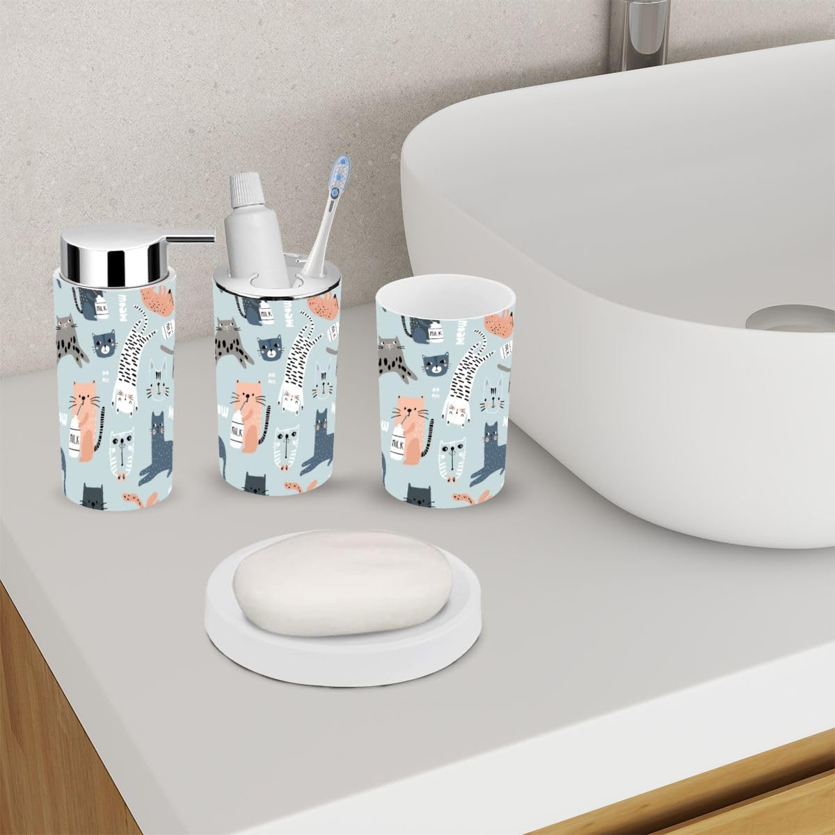 6 Piece Bathroom Accessory Set with Funny Cat Design