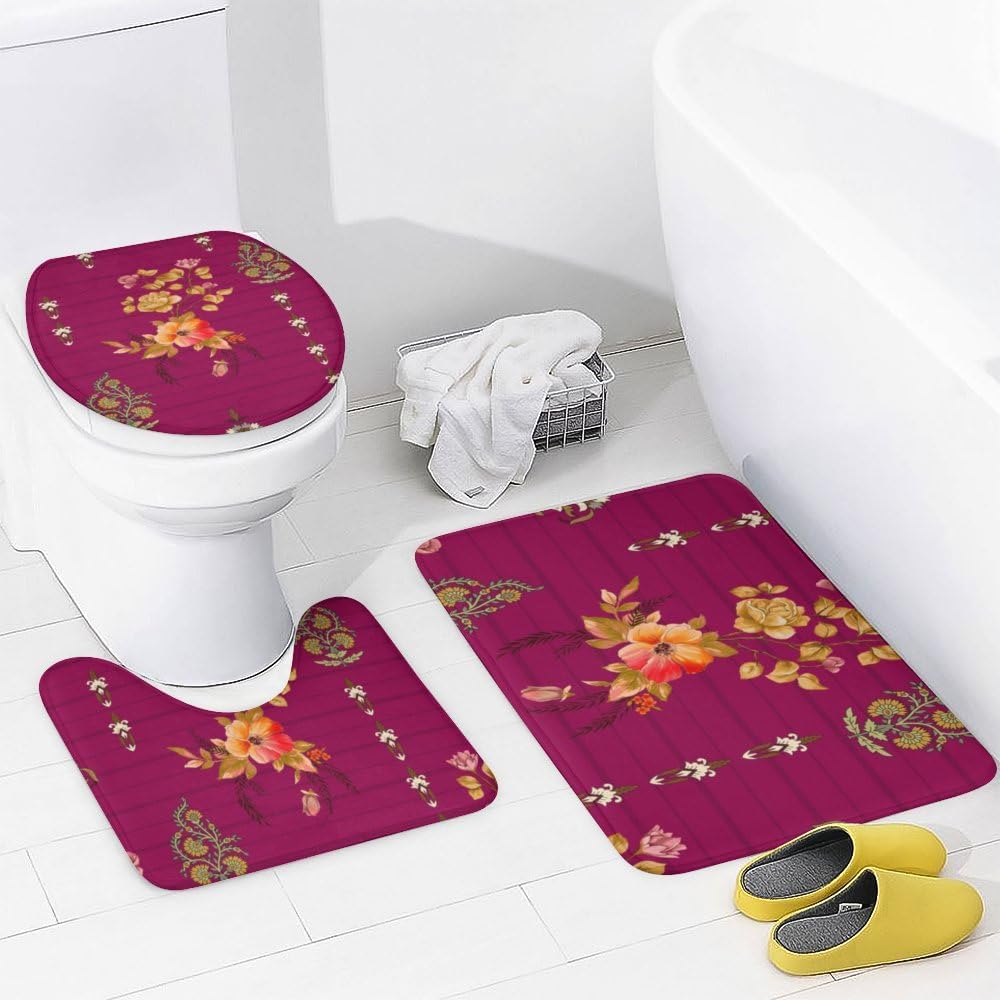 Kuizee 4 Piece Luxury Floral Shower Curtain Set with Non-Slip Rugs
