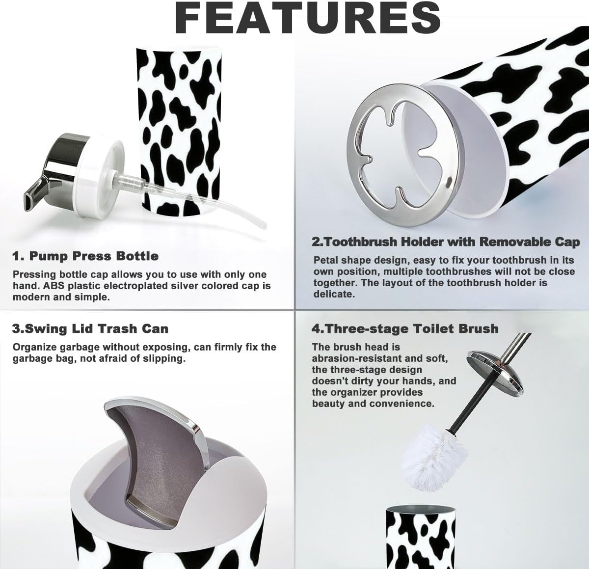 6-Piece Bathroom Accessory Set with Milk Cow Skin Pattern
