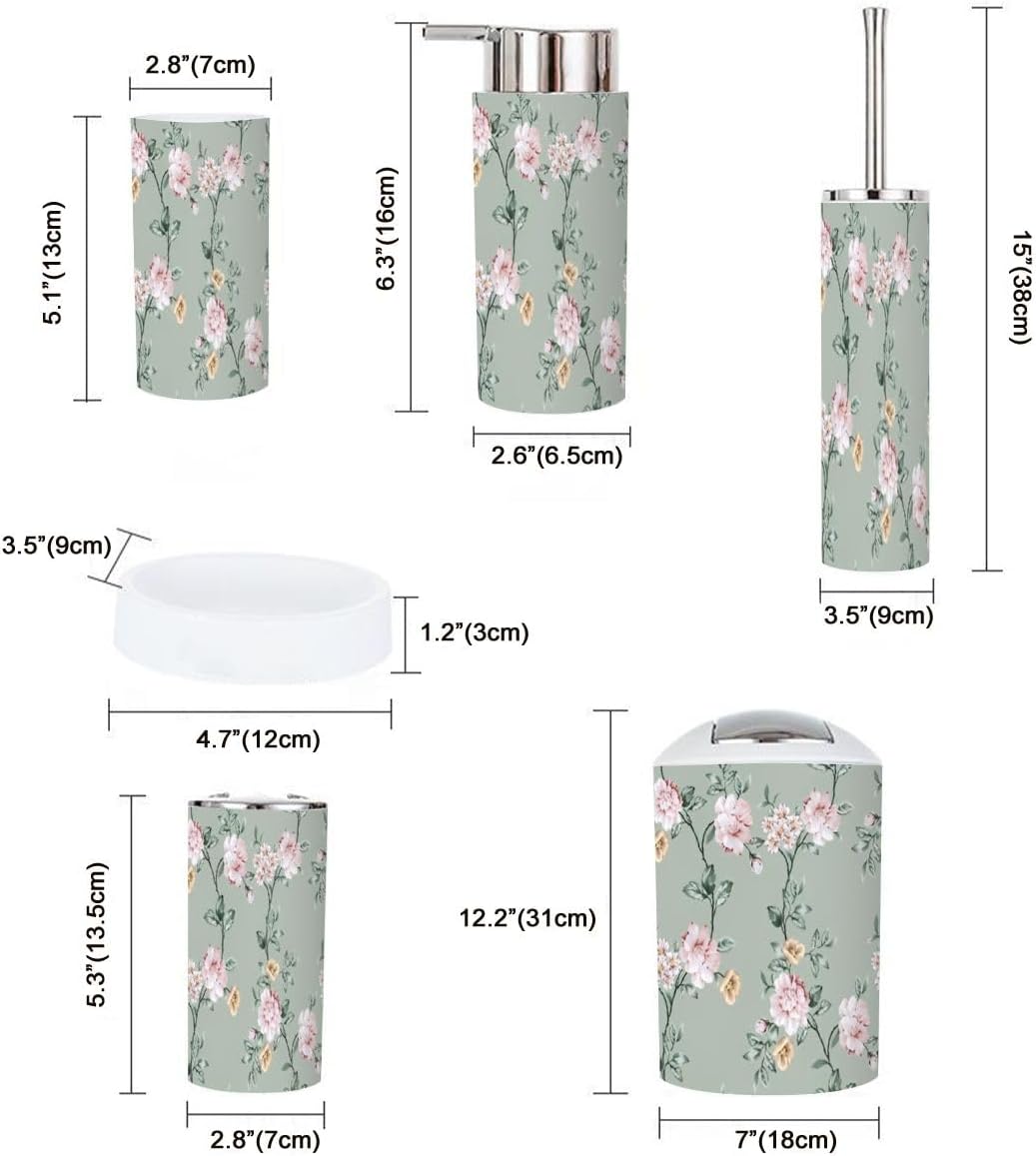 6 Piece Bathroom Accessory Set Pink Brown Flowers Green Leaves