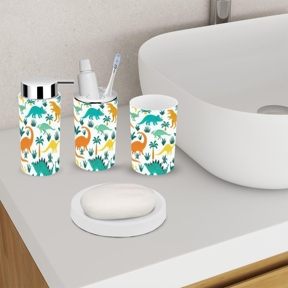 Bathroom Accessory Set 6 Piece Hand Drawn Dinosaur Design
