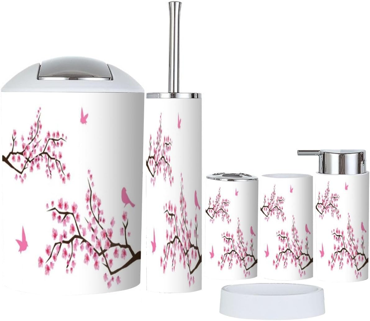 Cherry Blossom Birds Bathroom Accessories Set 6 Piece