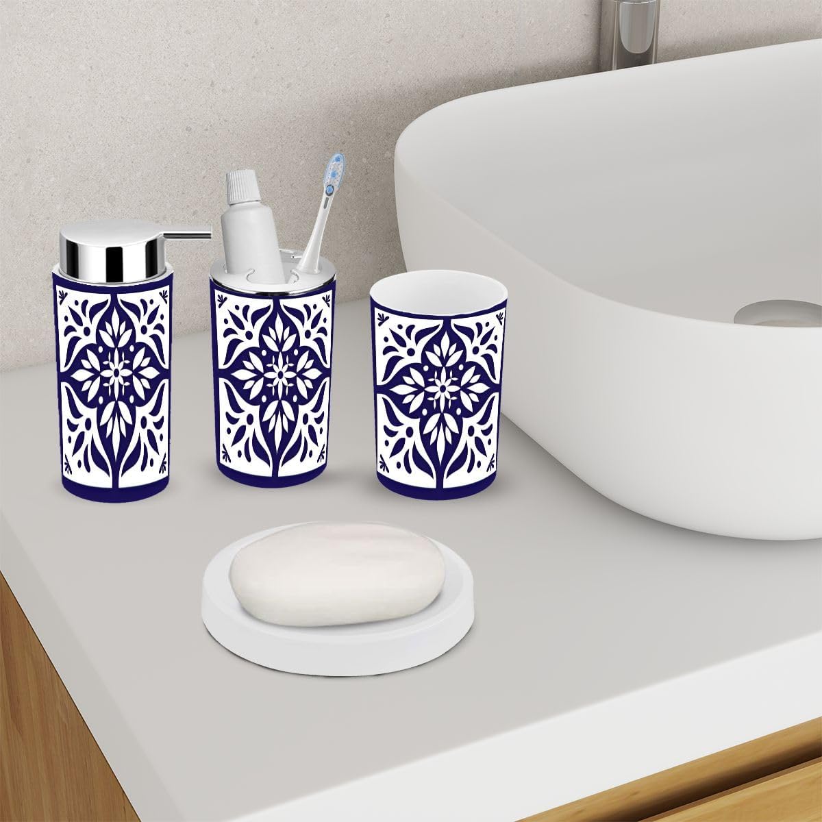 6 Piece Bathroom Accessory Set Blue White Tile Delft Style
