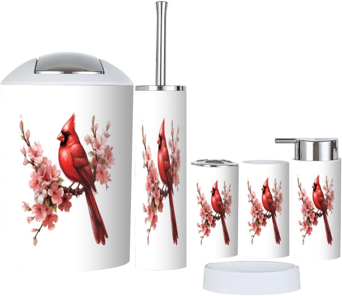 6 Piece Bird Red Bathroom Accessory Set