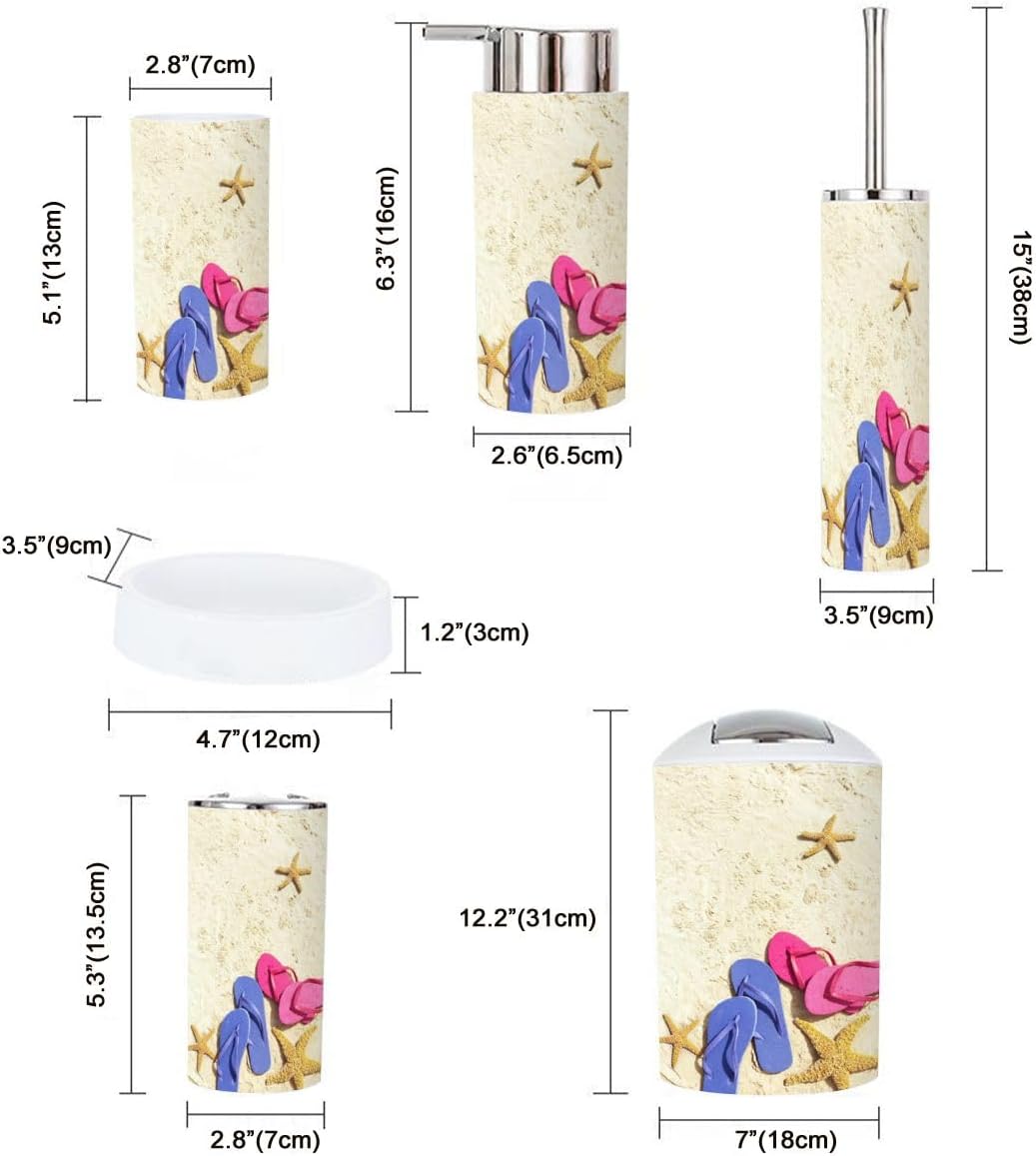 6 Piece Bathroom Accessory Set with Beach Flip Flops and Starfish Design