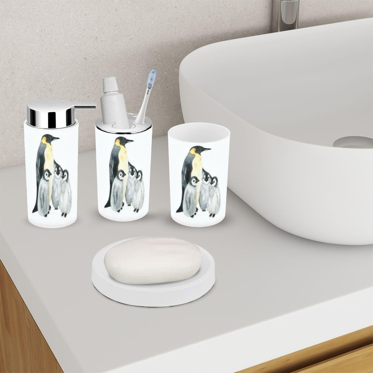 Penguins Bathroom Accessory Set 6 Piece White