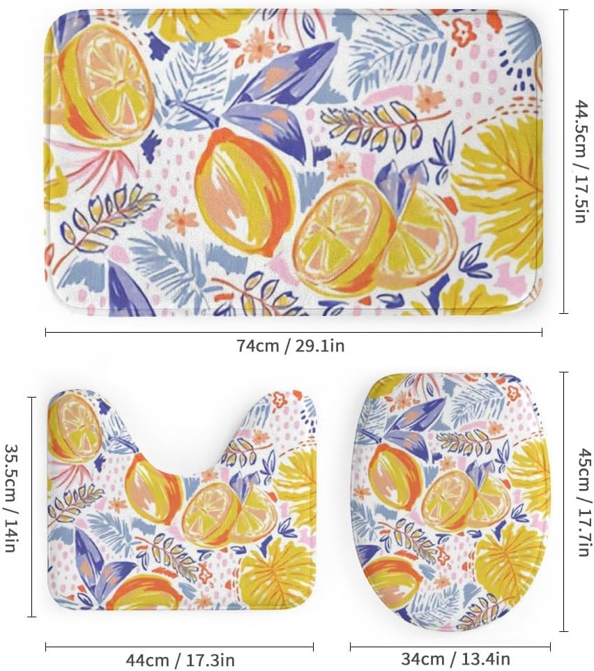 Kuizee 4-Piece Shower Curtain Set with Rugs - Summer Fruits Lemon Pattern