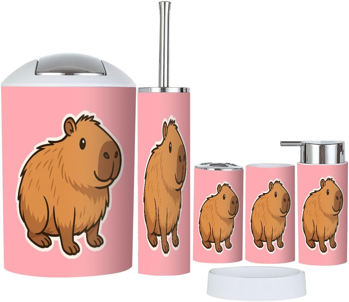Boho Cartoon Capybara Bathroom Accessories Set 6 Piece