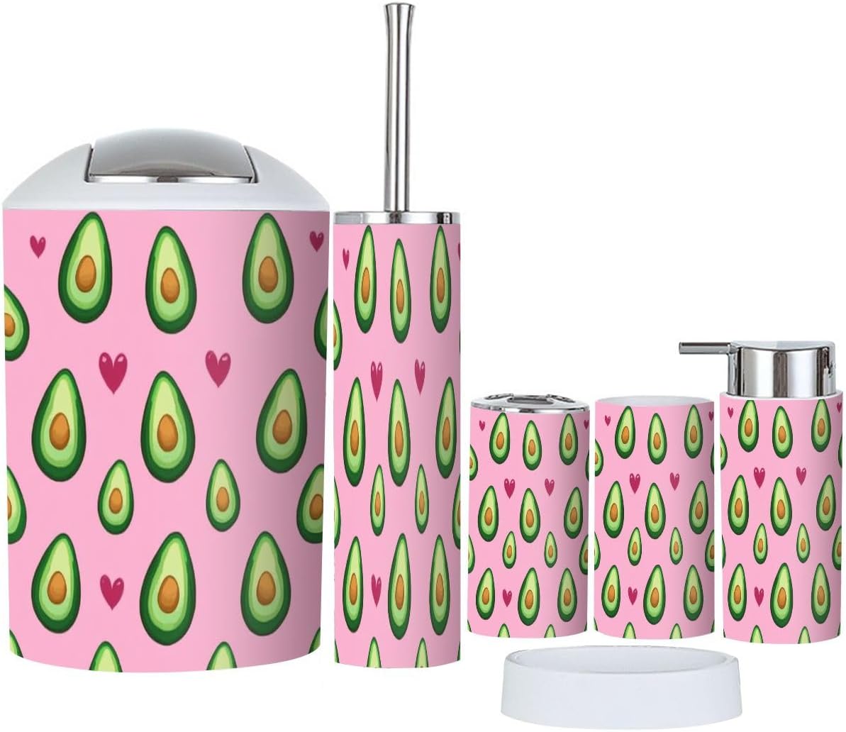 Boho Cute Avocado Hearts Bathroom Accessory Set 6 Piece